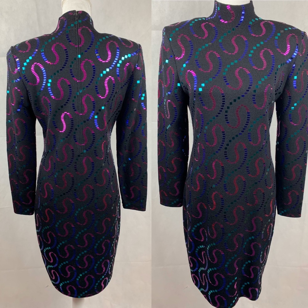 VTG St John Black Knit Pink Purple Sequin Dress 8